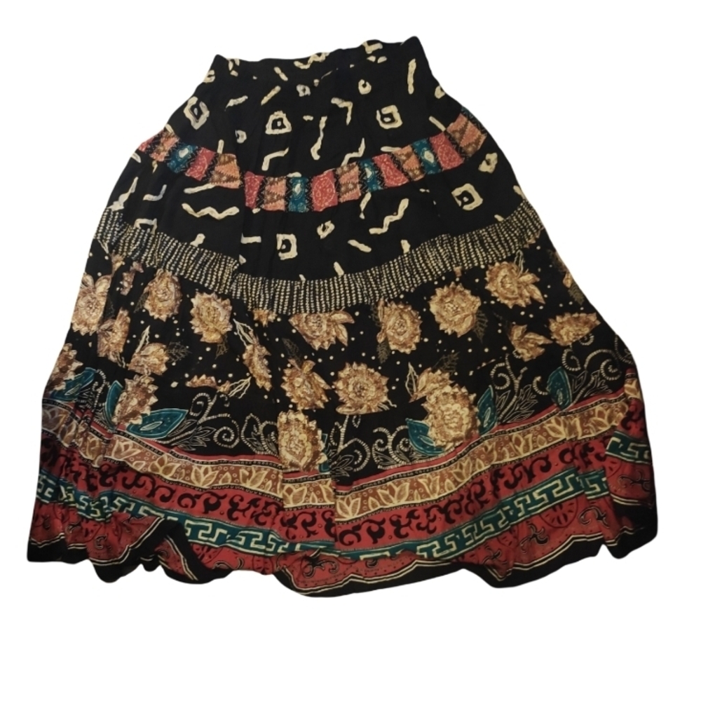 Carole Little Black Maxi Skirt with Gold Floral & Multicolor Border